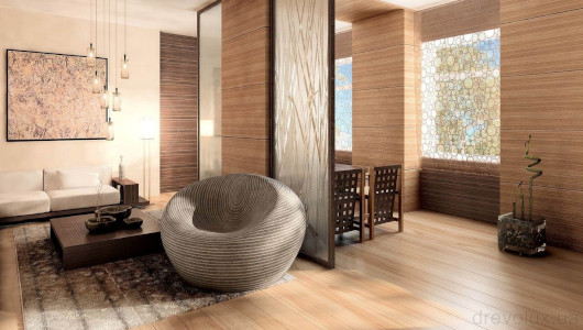 Salón minimalista con azulejos de madera
